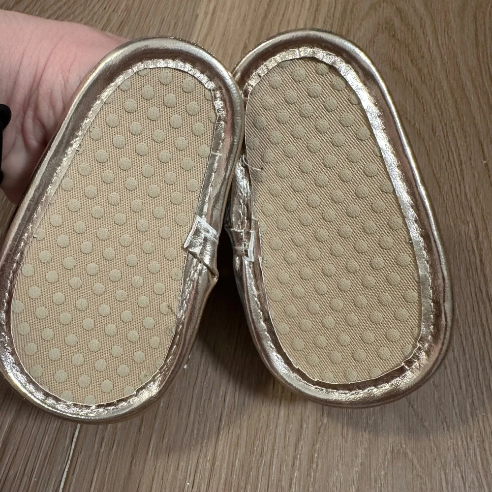 Myggpp Baby Girls Nautical Striped Bow Sandals Gold Metallic Soft Sole 0-6 Month